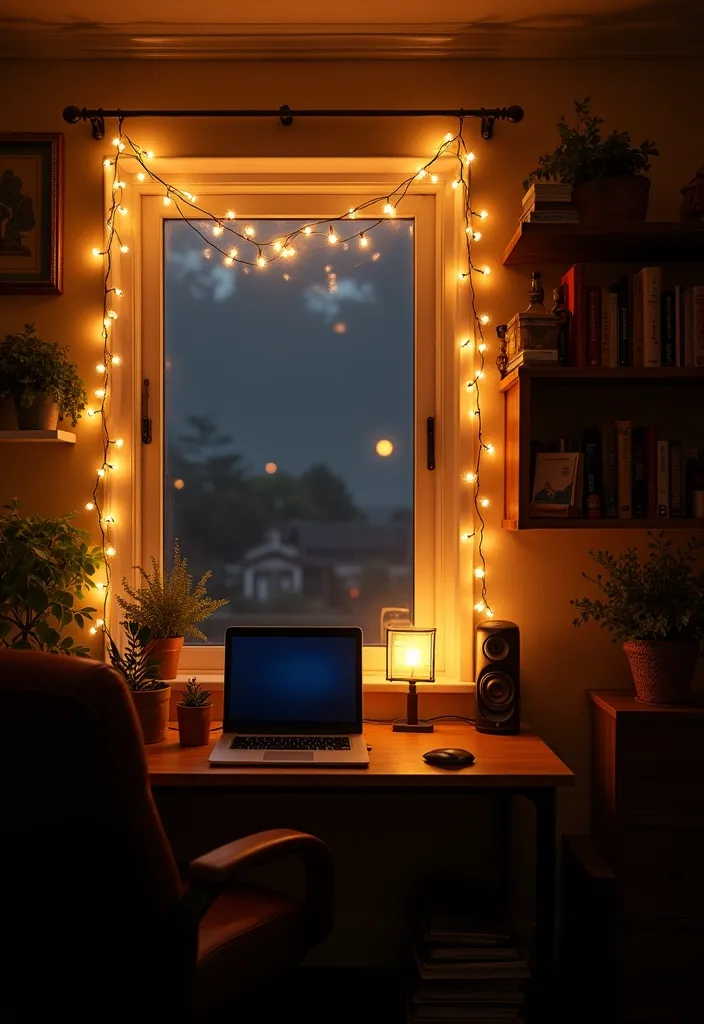 19 Home Office Lighting Ideas That Will Brighten Your Space and Mood! - 7. String Lights for a Cozy Vibe