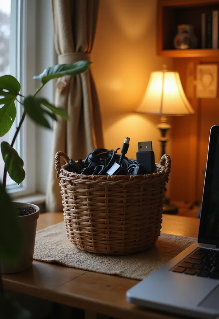 15 Genius Cable Concealment Hacks for a Tidy Workspace (Say Goodbye to Clutter!) - 4. Decorative Baskets