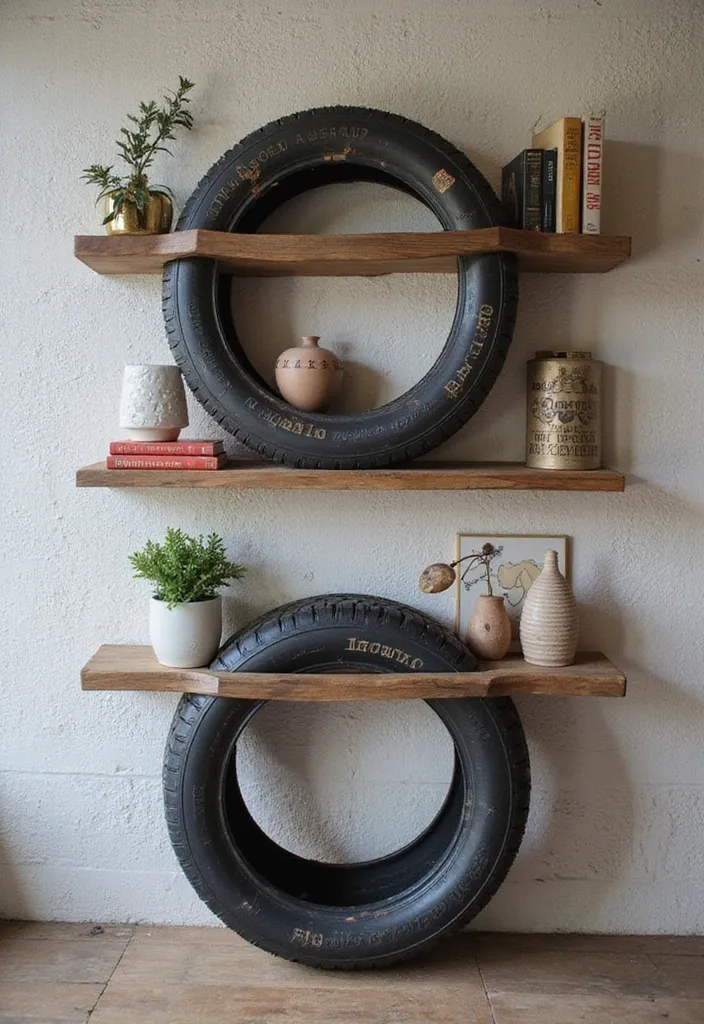 20 Epic Home Office Decorations for Car Fans That'll Rev Up Your Workspace! - 7. Tire Wall Shelves
